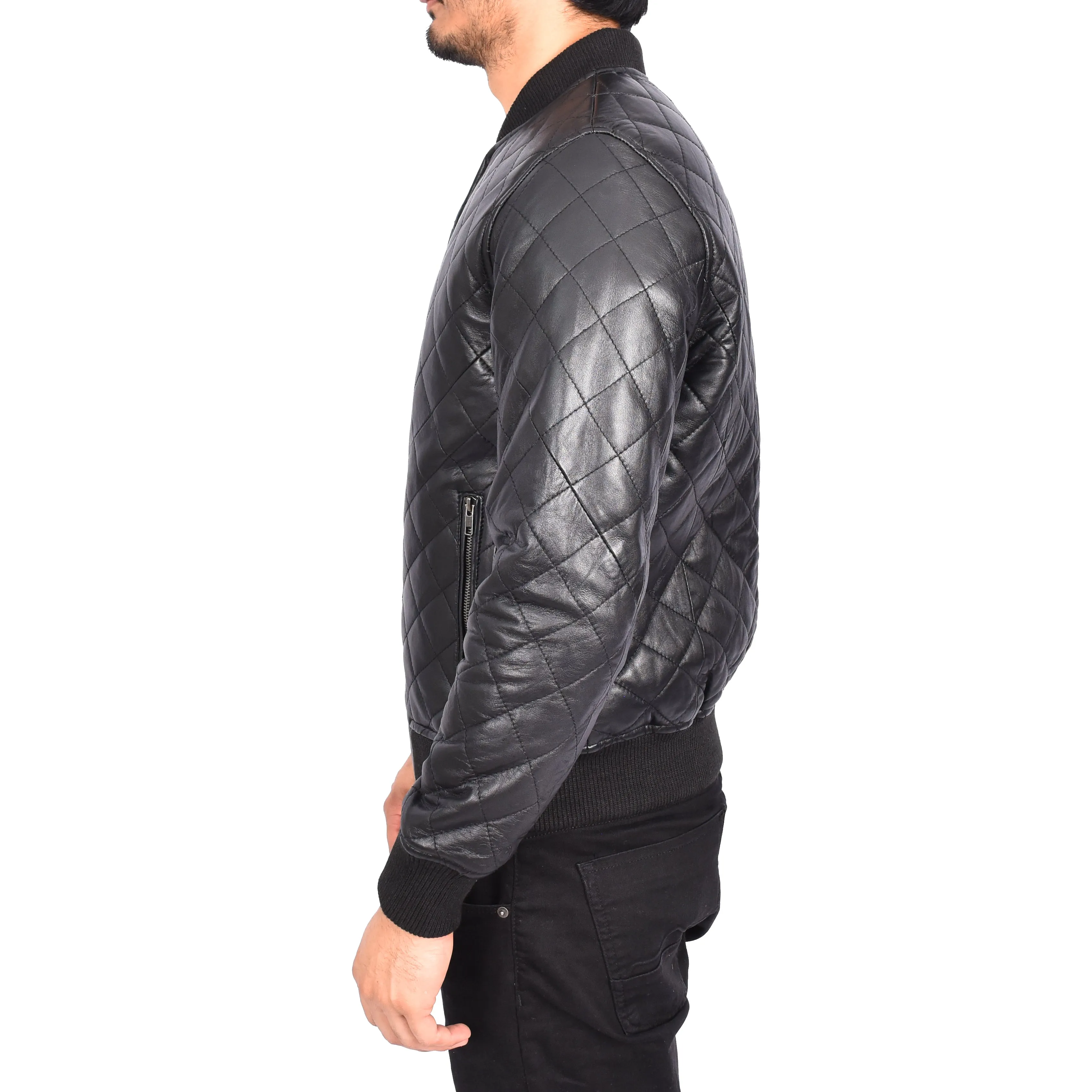 Men's Real Leather Quilted Bomber Jacket Black Raulin