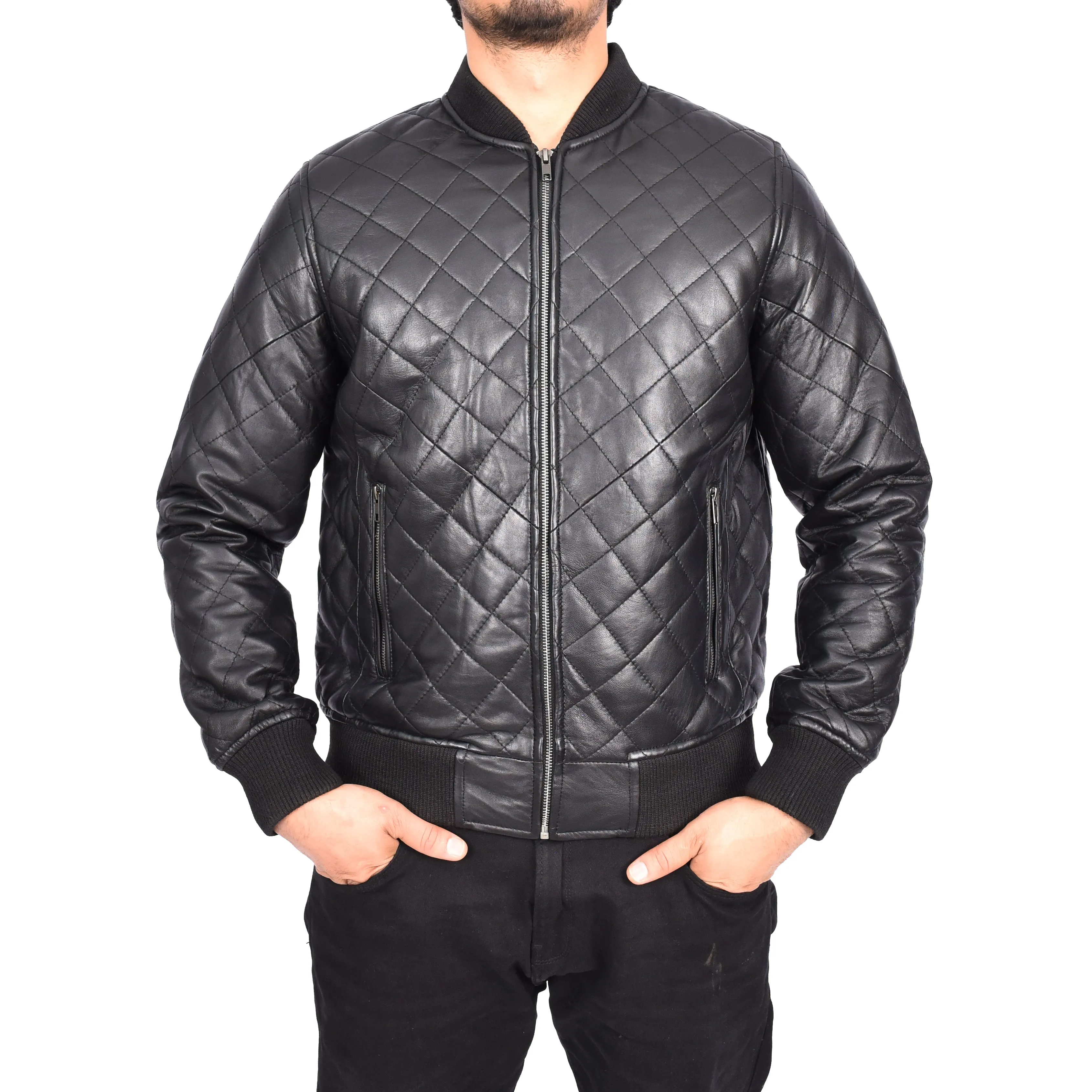 Men's Real Leather Quilted Bomber Jacket Black Raulin