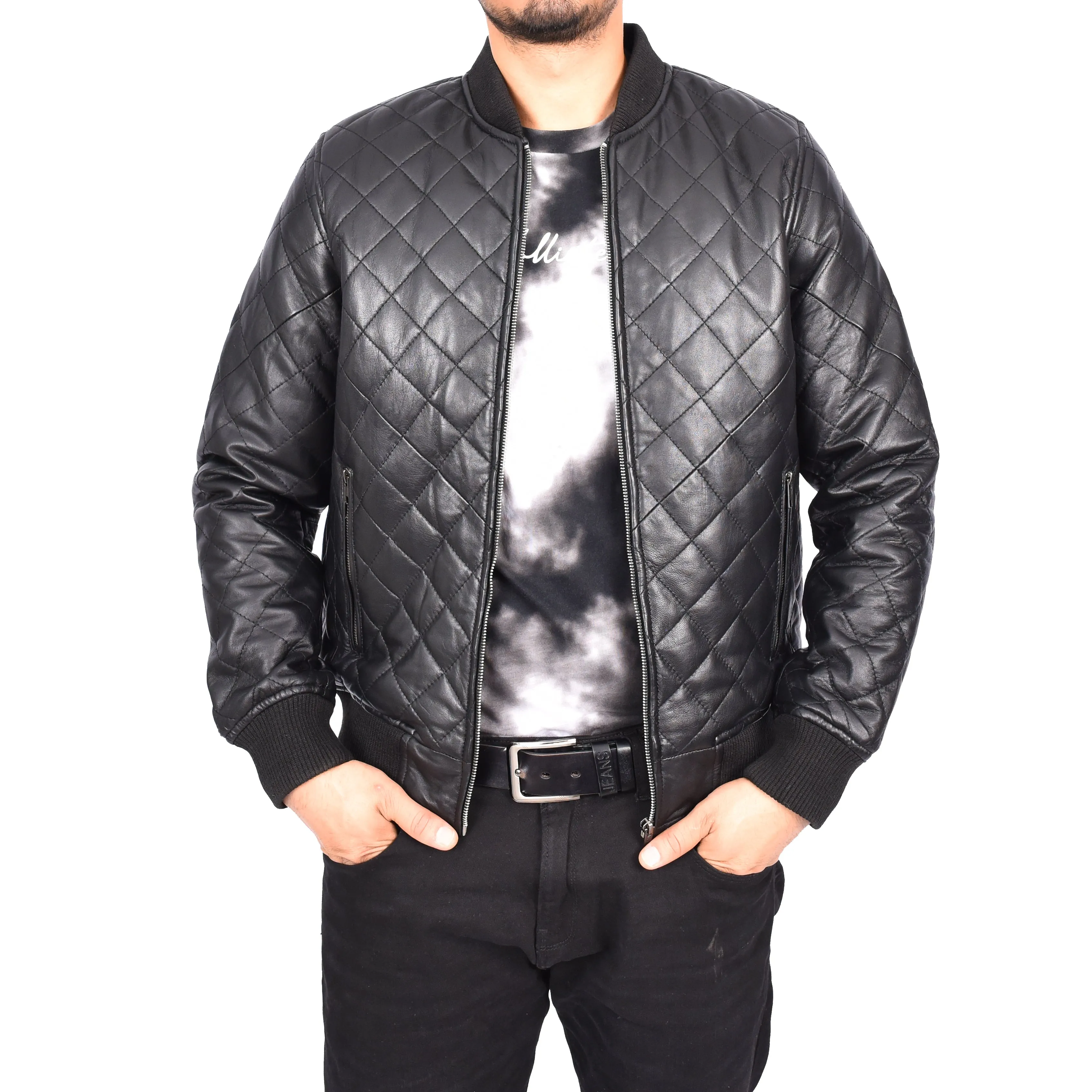 Men's Real Leather Quilted Bomber Jacket Black Raulin