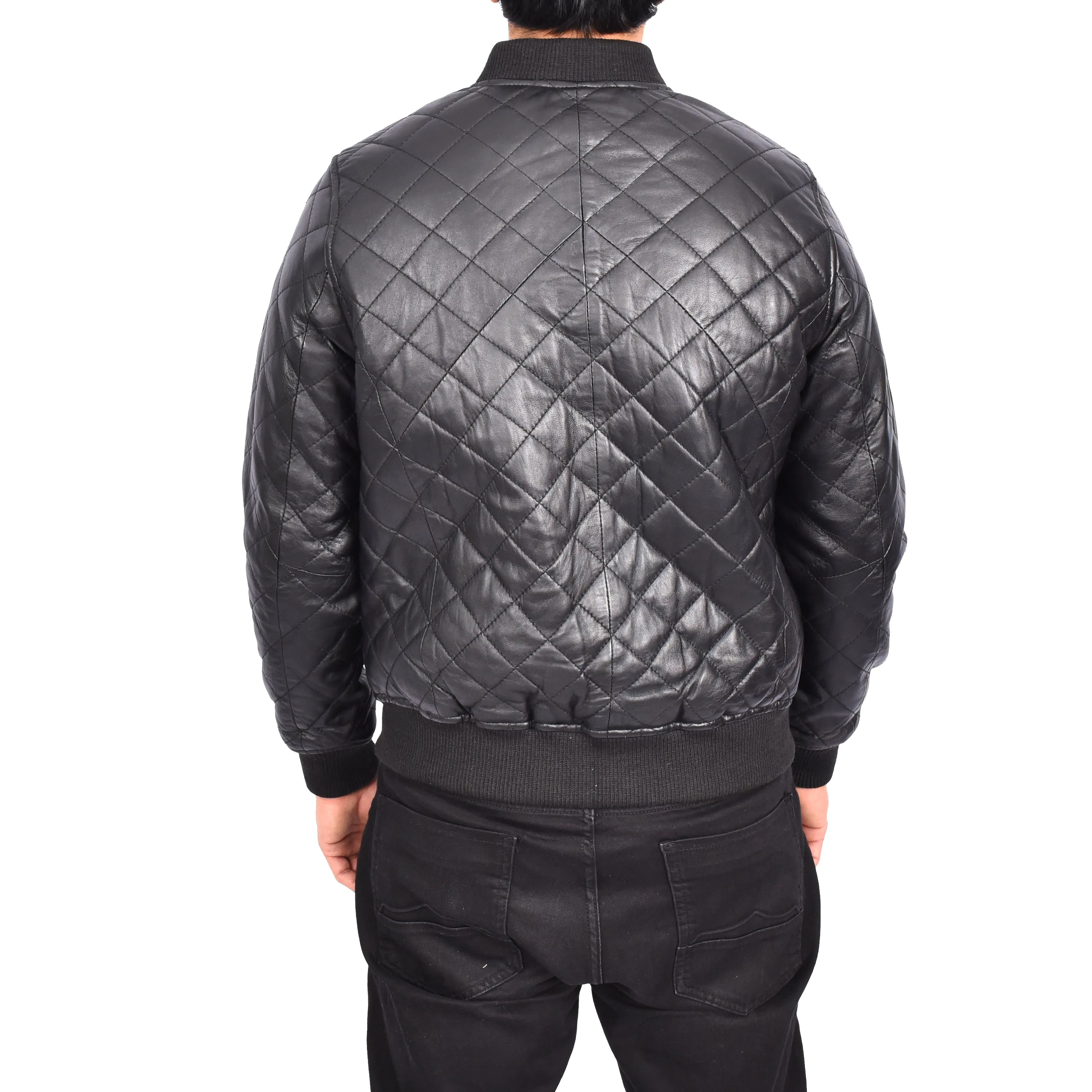 Men's Real Leather Quilted Bomber Jacket Black Raulin