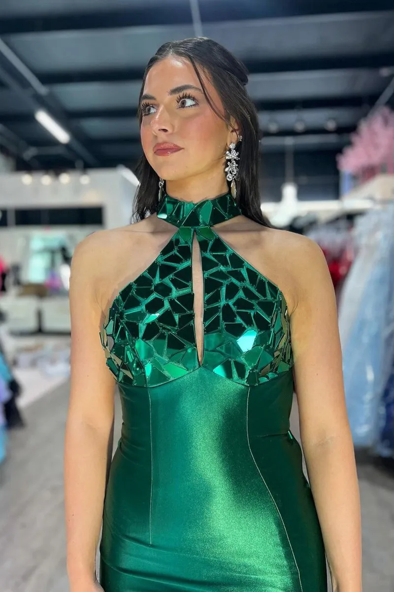 Mermaid Halter Satin Long Prom Dresses with Beads