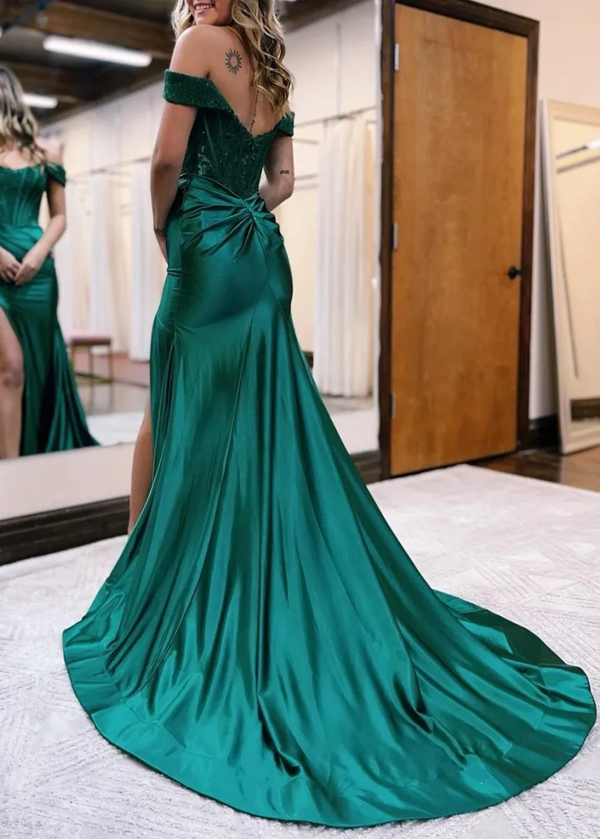 Mermaid Off the Shoulder Satin Prom Dresses with Slit