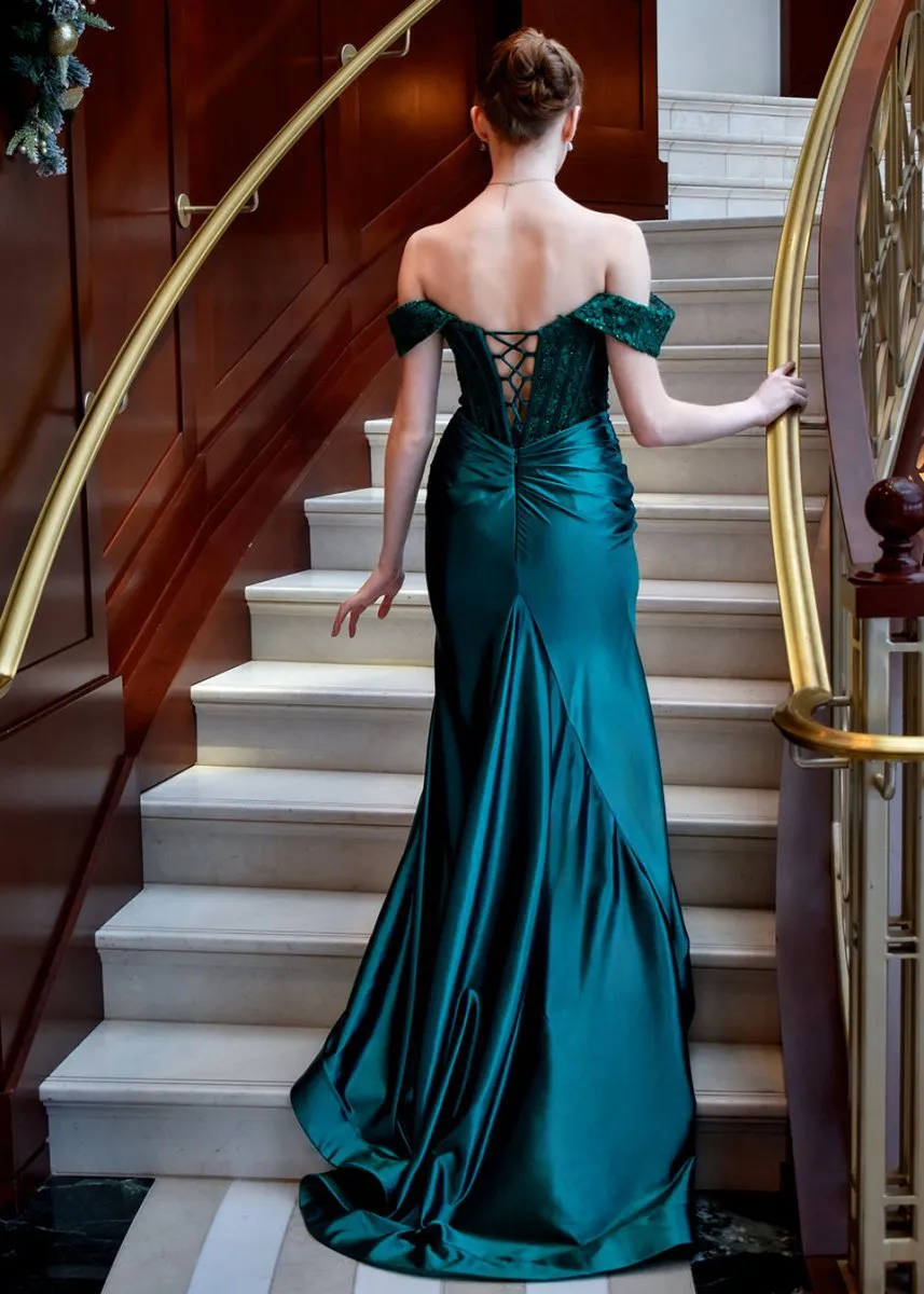 Mermaid Off the Shoulder Satin Prom Dresses with Slit