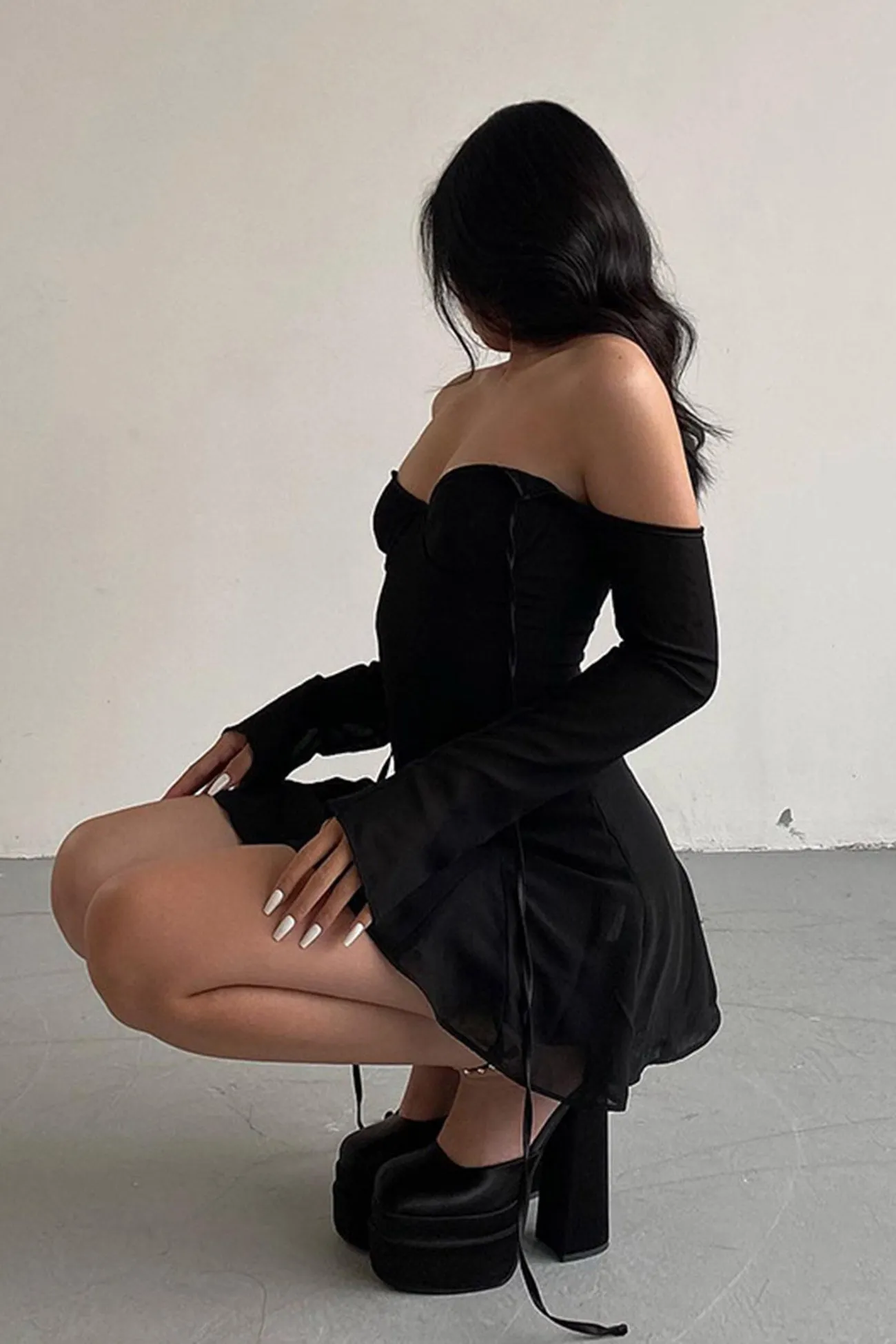 Mesh Off Shoulder Tie-back Mini Dress