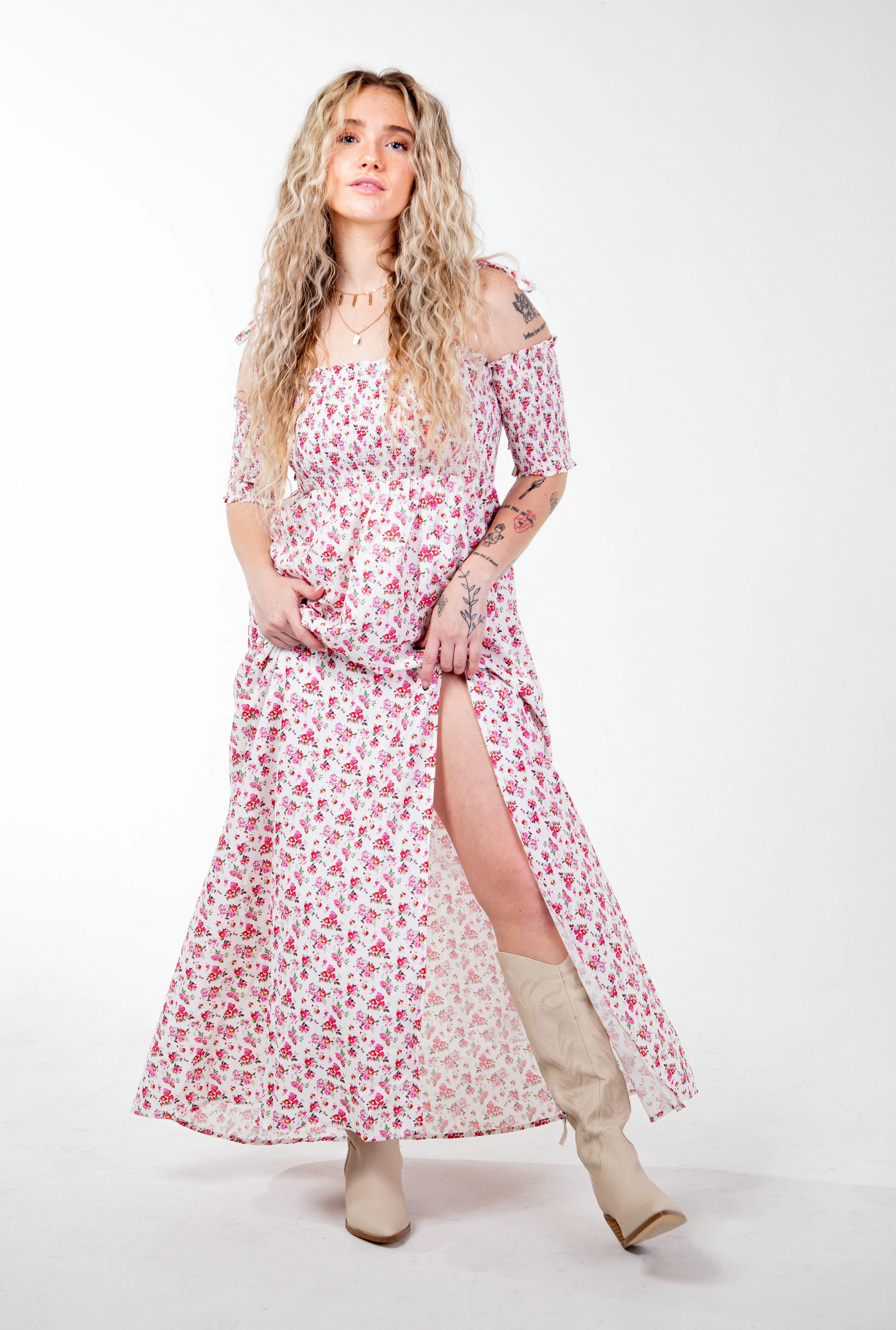 MILLIE OFF THE SHOULDER FLORAL DRESS W/ SLIT
