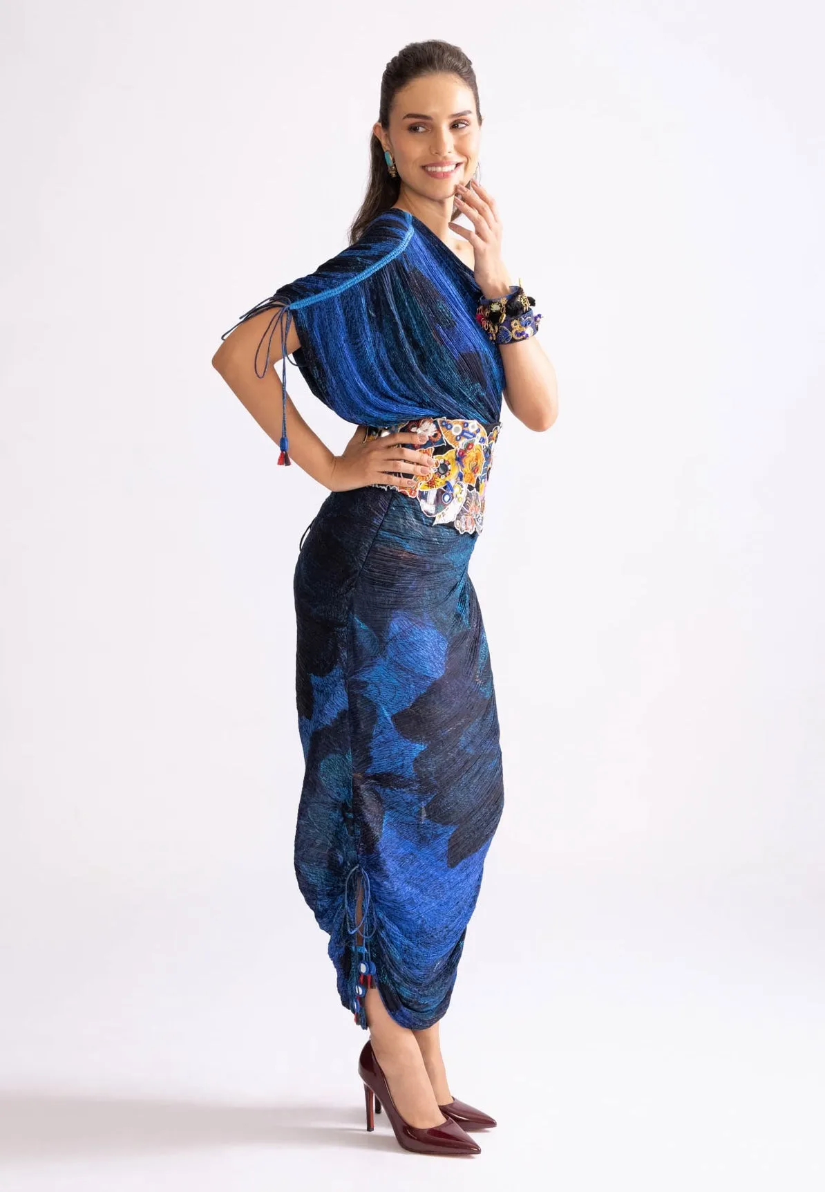 Mira blue pleat dress and corset