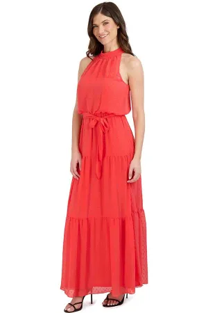Mock Neck Clipped Chiffon Maxi