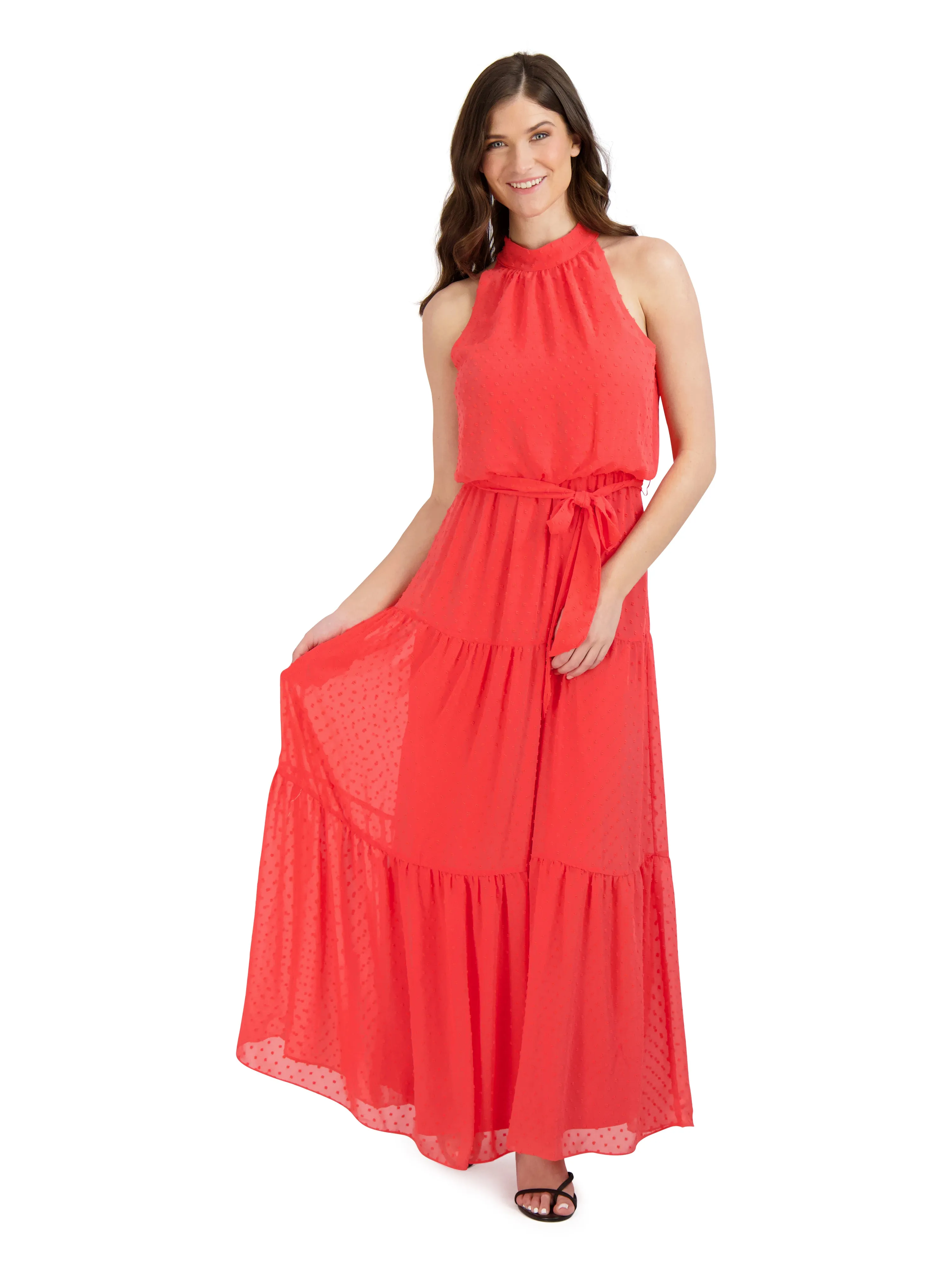 Mock Neck Clipped Chiffon Maxi