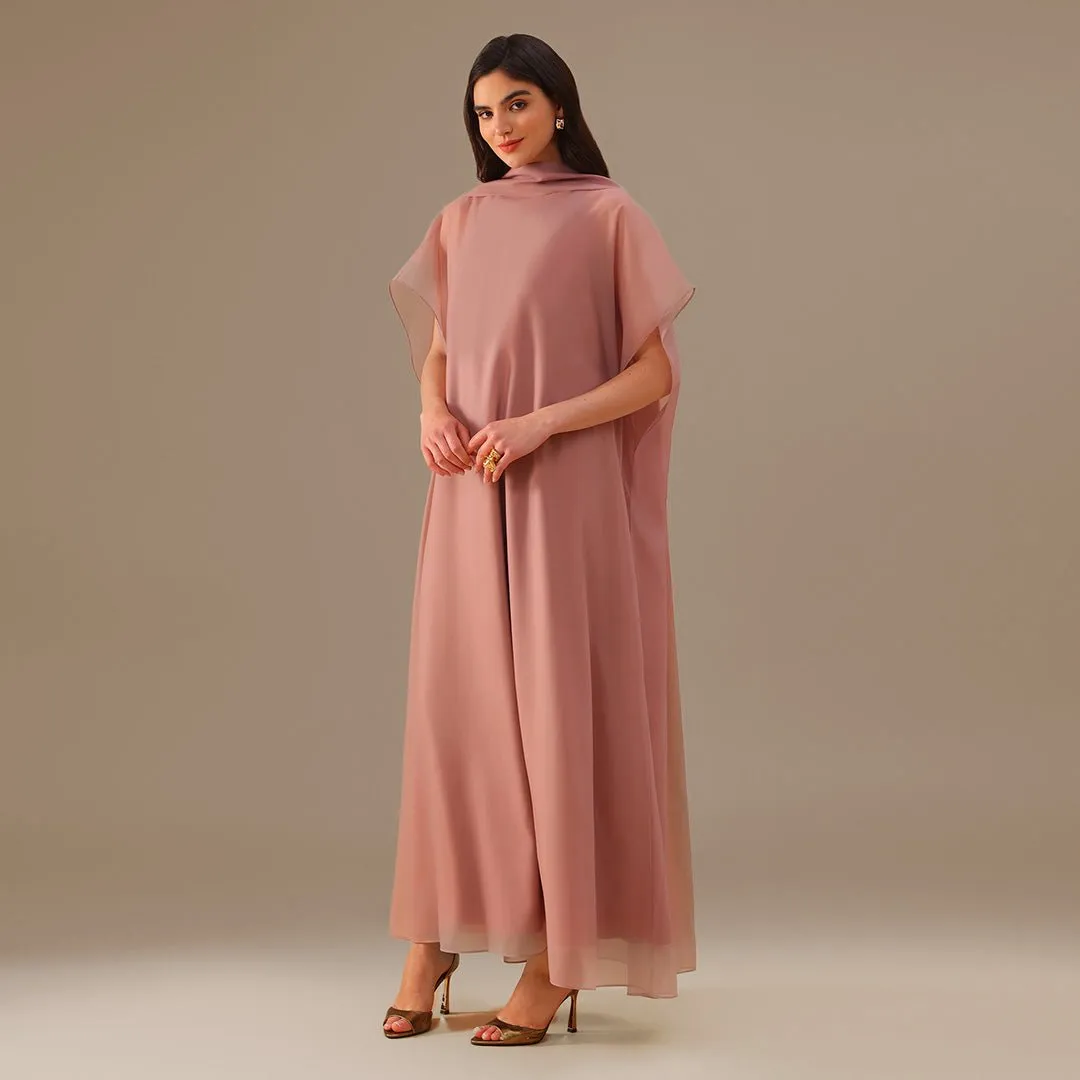 Muted Clay Halter Neckline Maxi Dress With Cape with scarf
