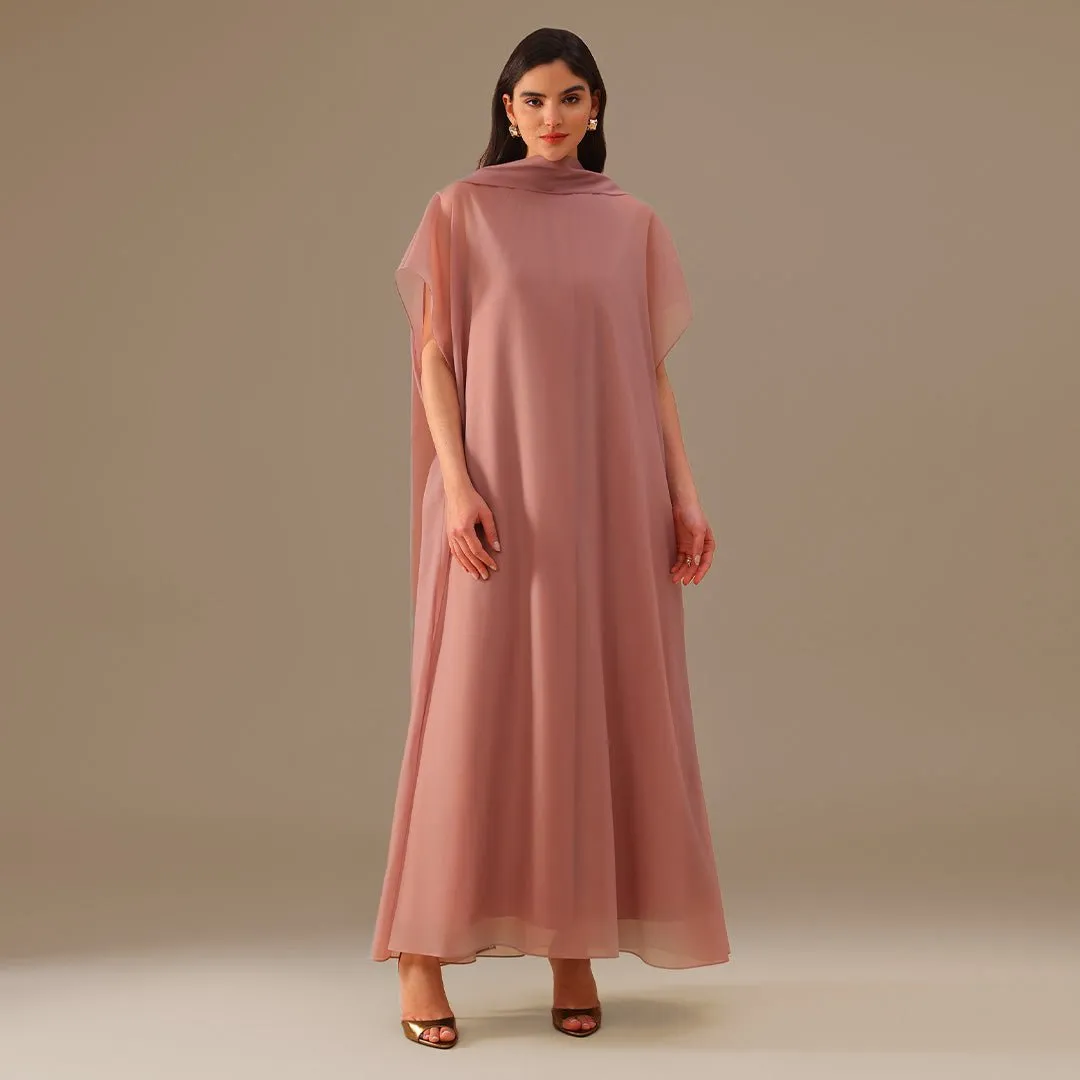 Muted Clay Halter Neckline Maxi Dress With Cape with scarf