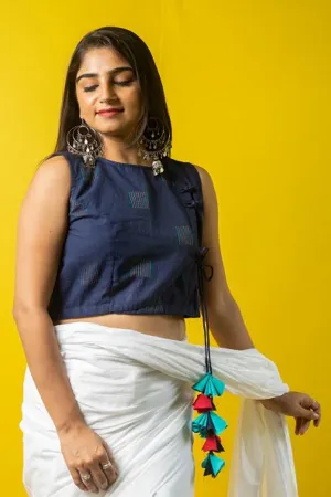 Navy Blue Cotton Sleeveless Cropped Blouse