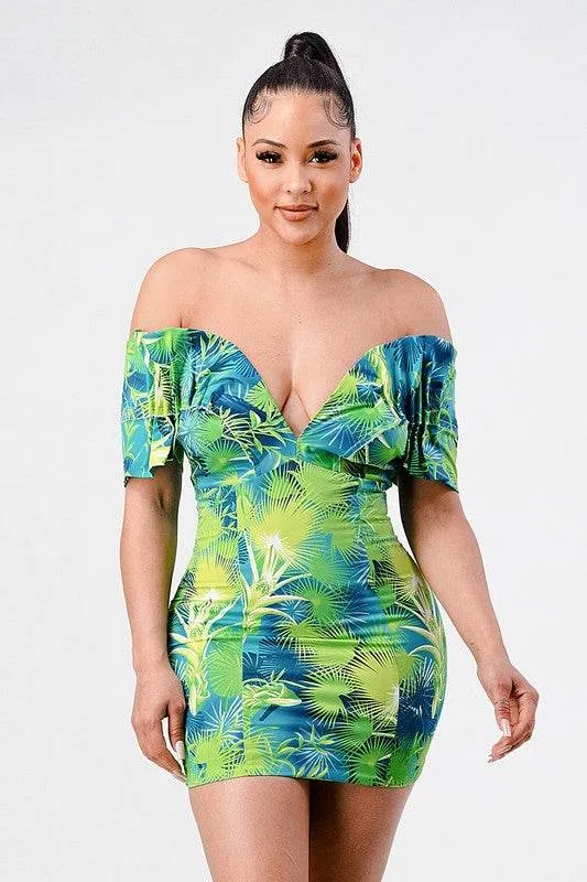 Neon garden off shoulder fitted mini dress