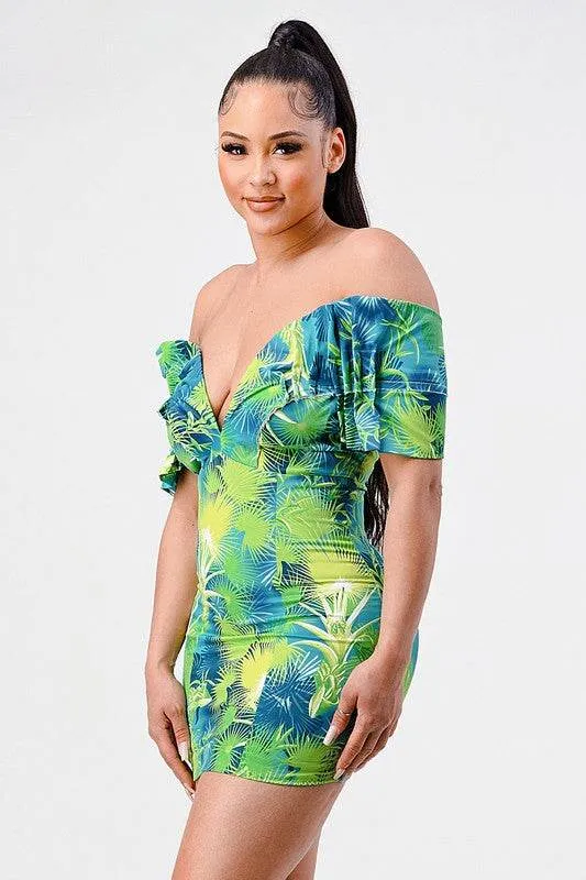 Neon garden off shoulder fitted mini dress
