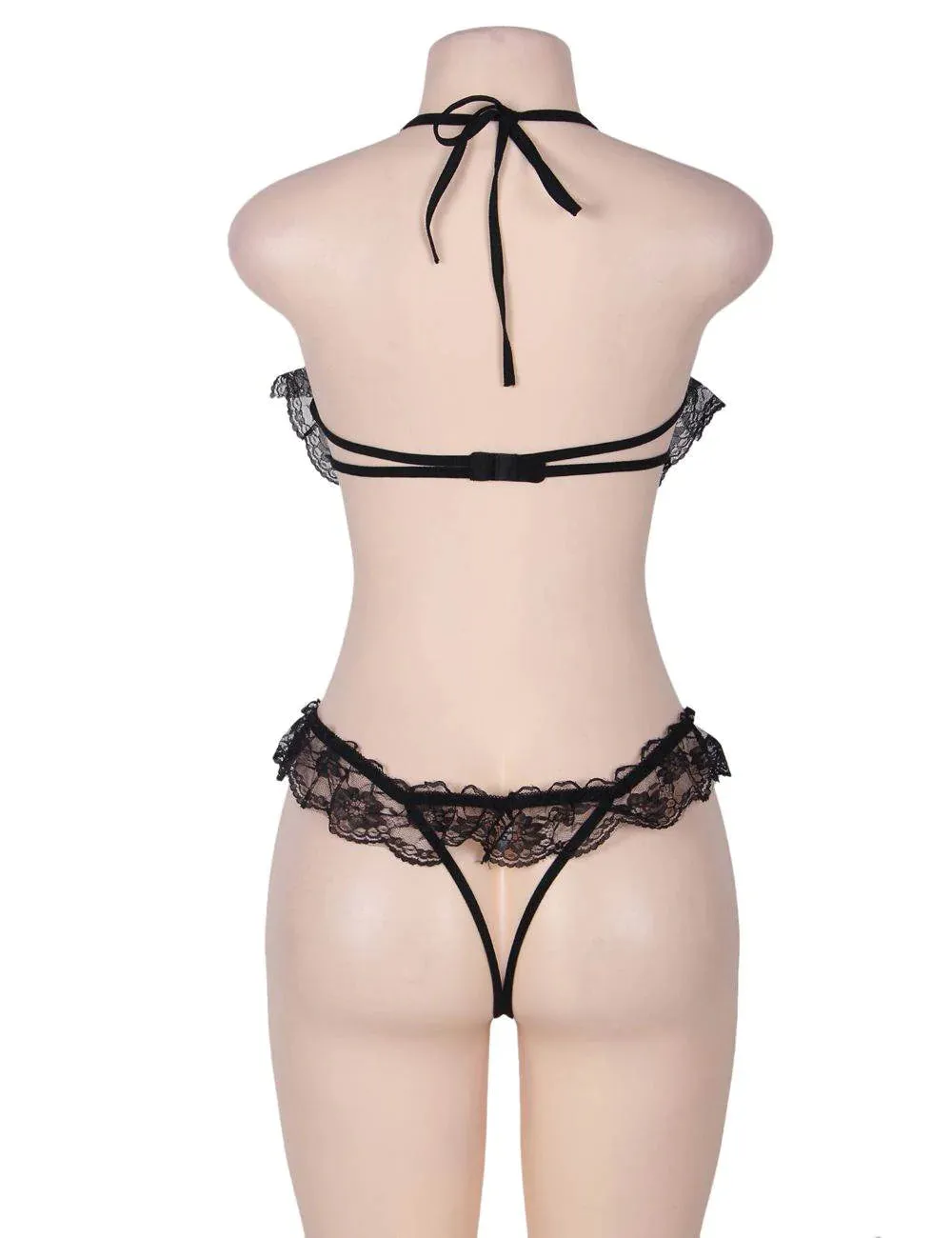 New Black & Red Lace Halter Babydoll Showing Nipples