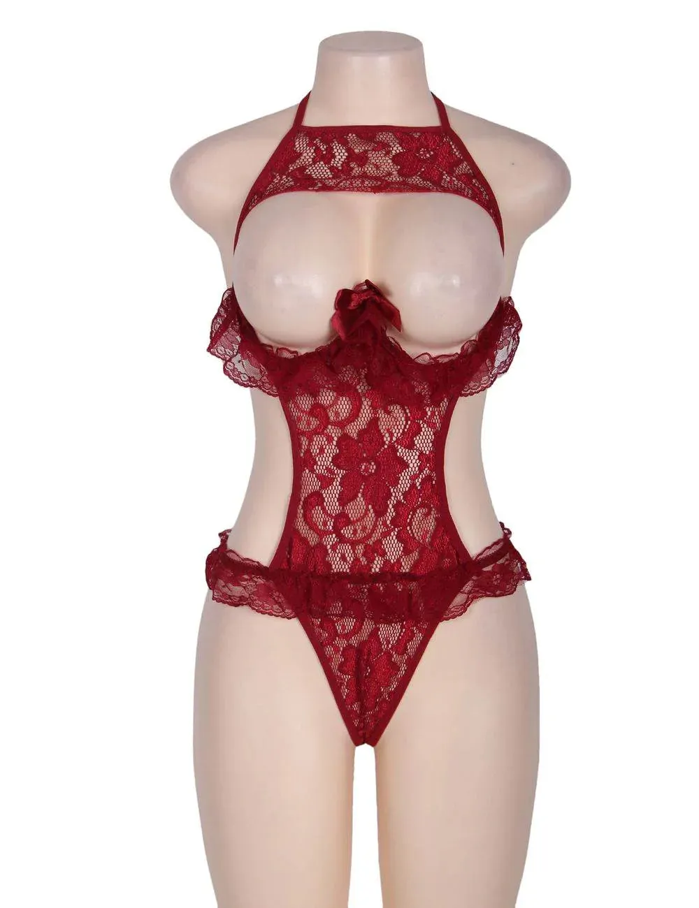 New Black & Red Lace Halter Babydoll Showing Nipples