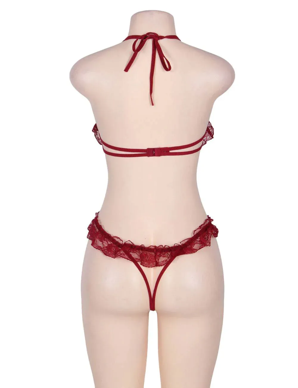New Black & Red Lace Halter Babydoll Showing Nipples
