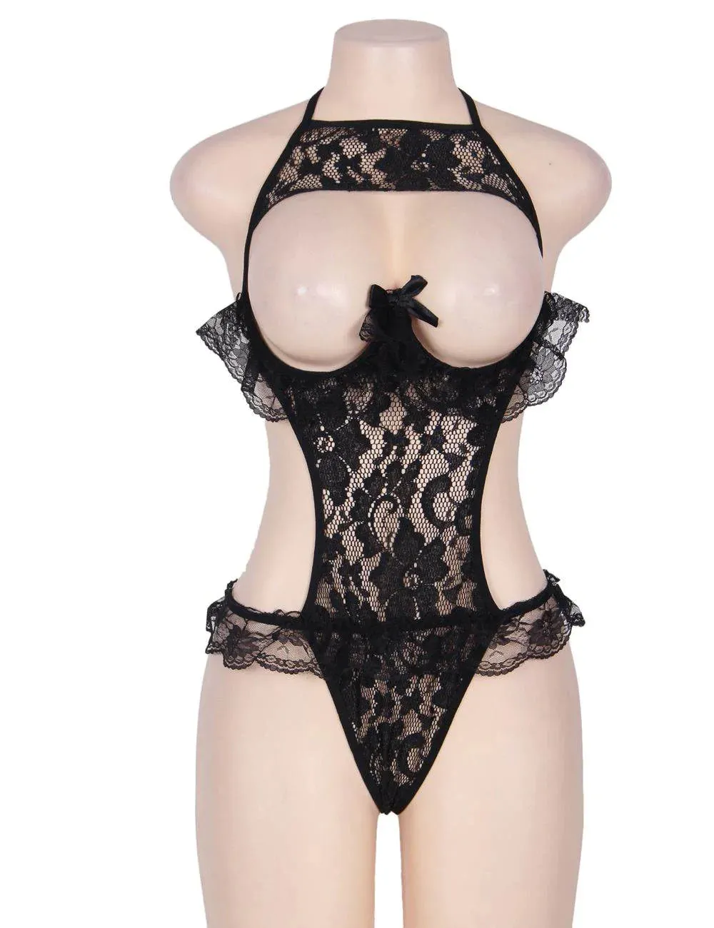 New Black & Red Lace Halter Babydoll Showing Nipples