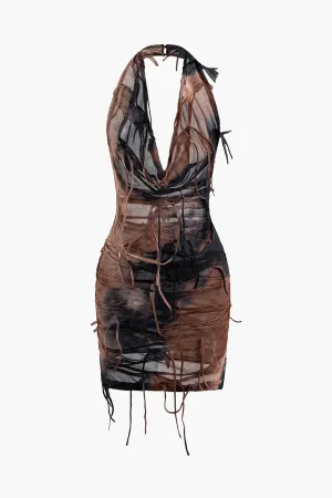 New Micas Halter Backless Distressed Mini Dress Brown, Sz M