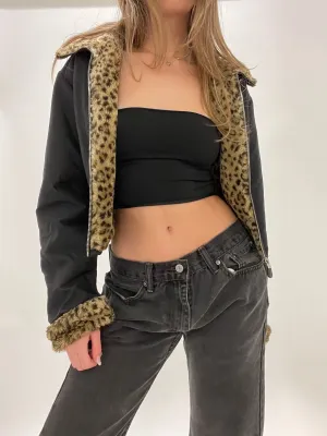 Nylon Cheetah Fur Lined Cropped Jacket