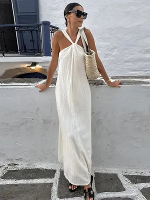 Off Shoulder Halter Pleated Maxi Dress