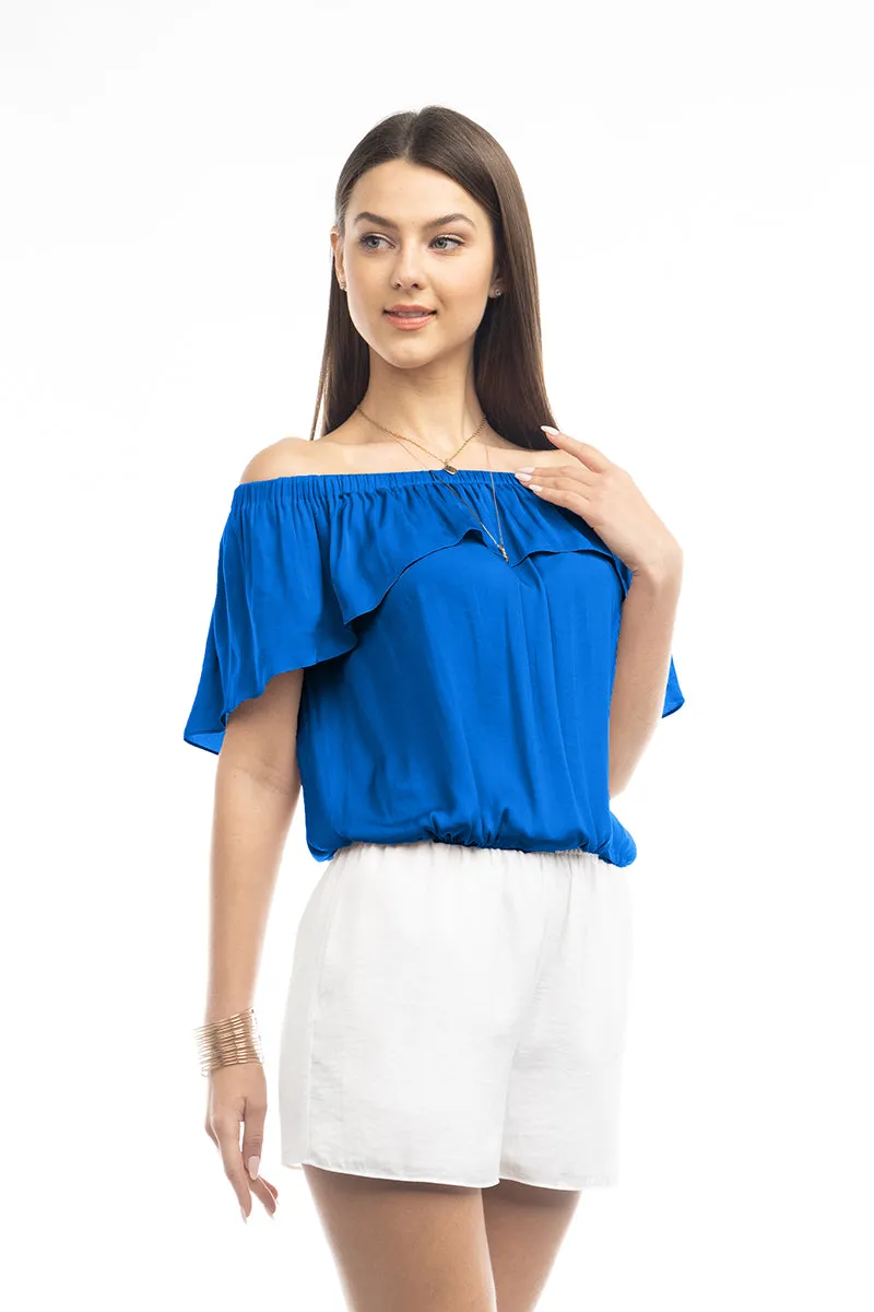 Off Shoulder Hi Low Neck Trim Blouse