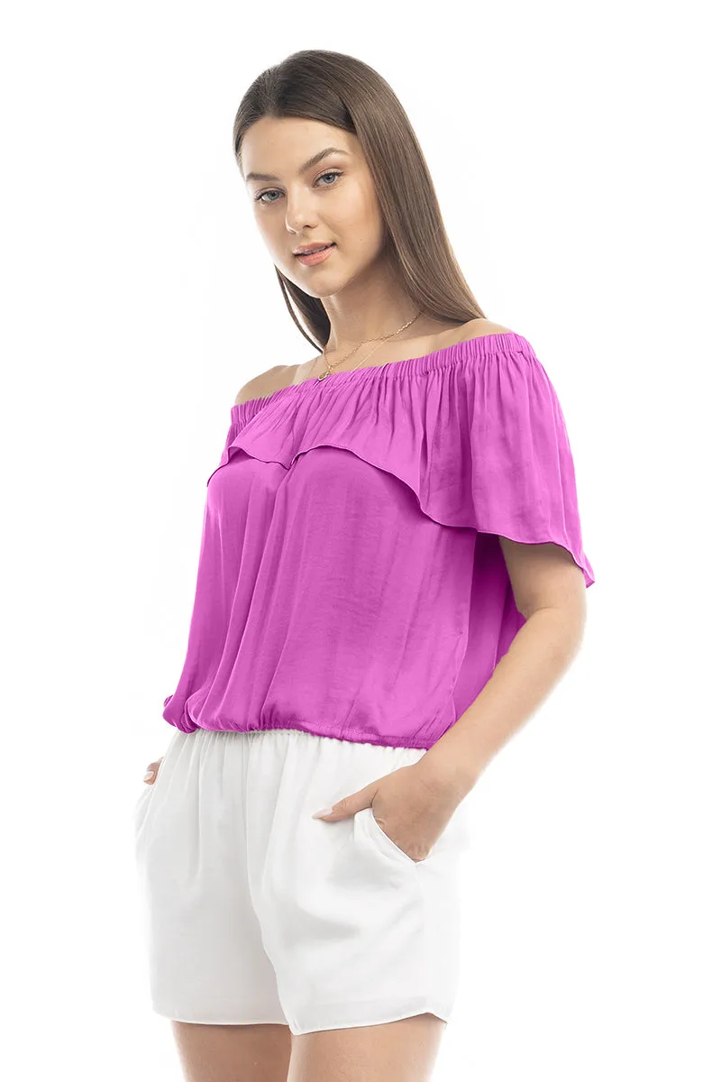 Off Shoulder Hi Low Neck Trim Blouse
