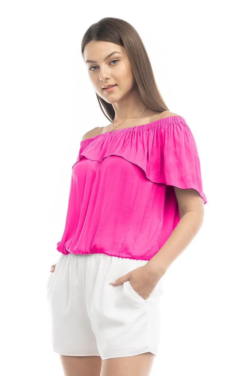 Off Shoulder Hi Low Neck Trim Blouse