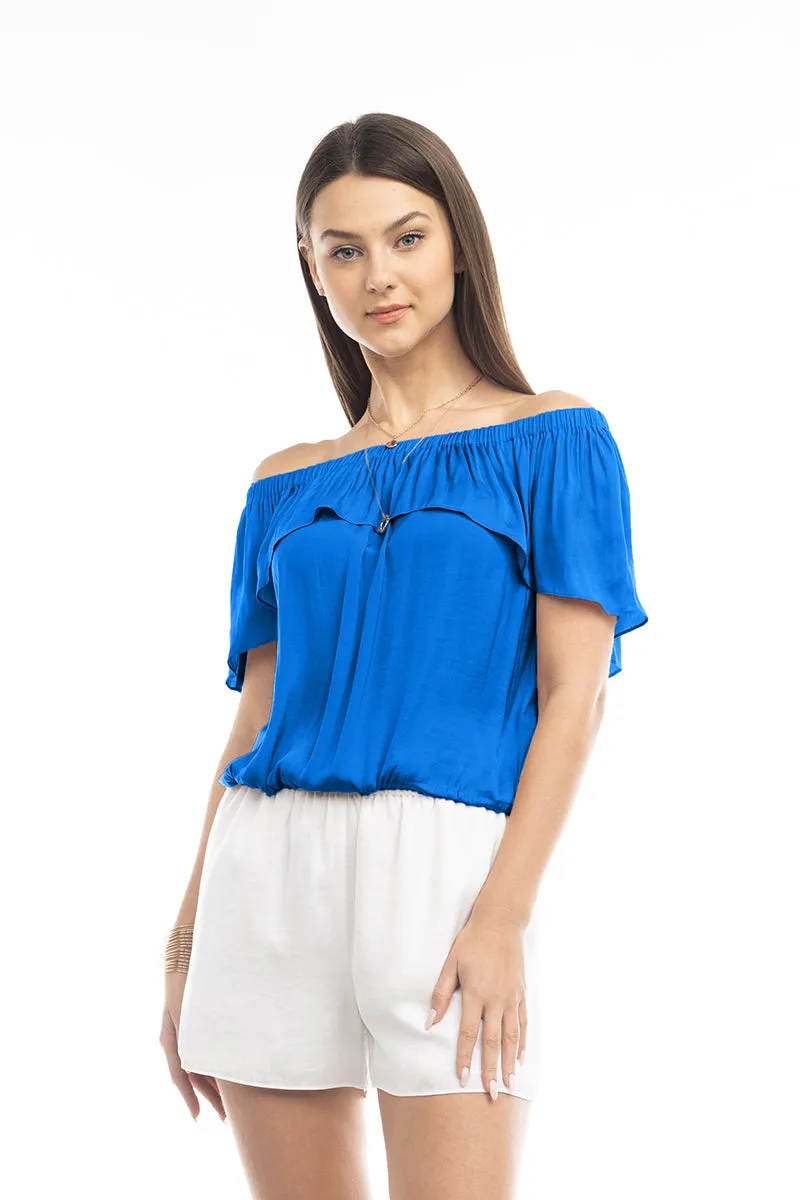 Off Shoulder Hi Low Neck Trim Blouse