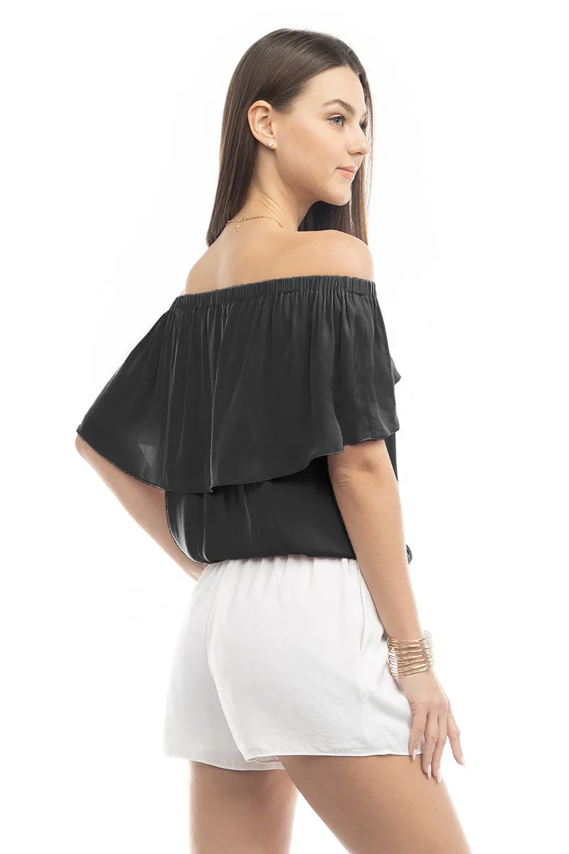Off Shoulder Hi Low Neck Trim Blouse