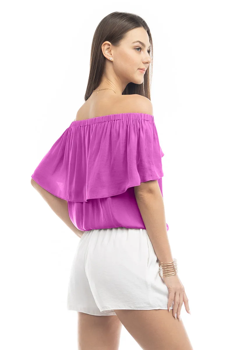 Off Shoulder Hi Low Neck Trim Blouse