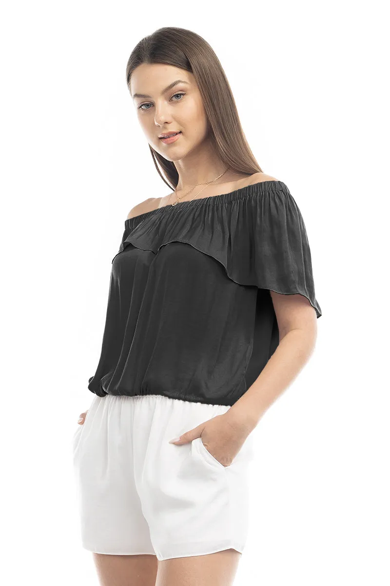 Off Shoulder Hi Low Neck Trim Blouse