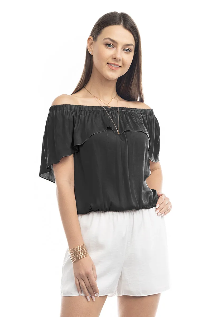 Off Shoulder Hi Low Neck Trim Blouse