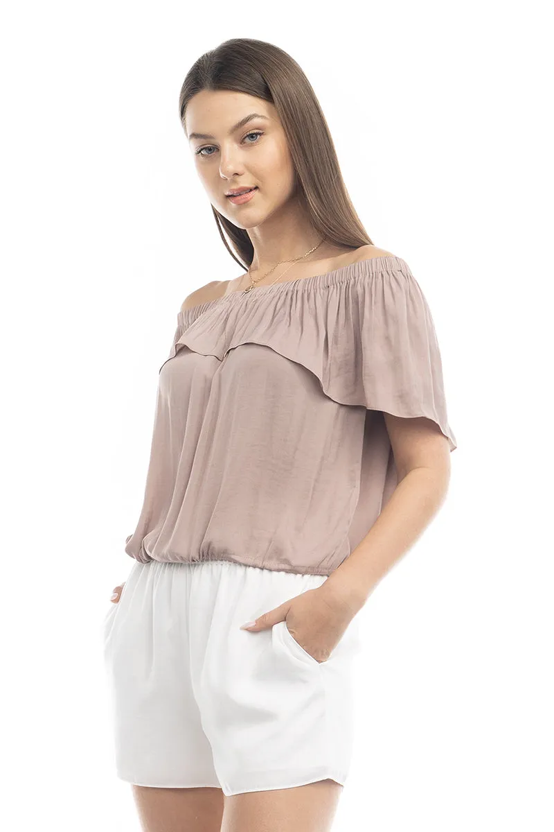 Off Shoulder Hi Low Neck Trim Blouse