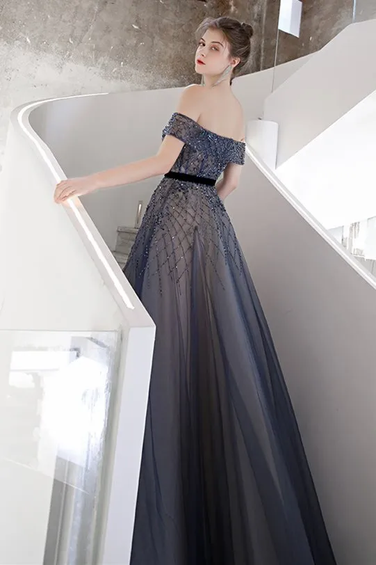 Off the Shoulder Beaded Blue Long Formal Dress