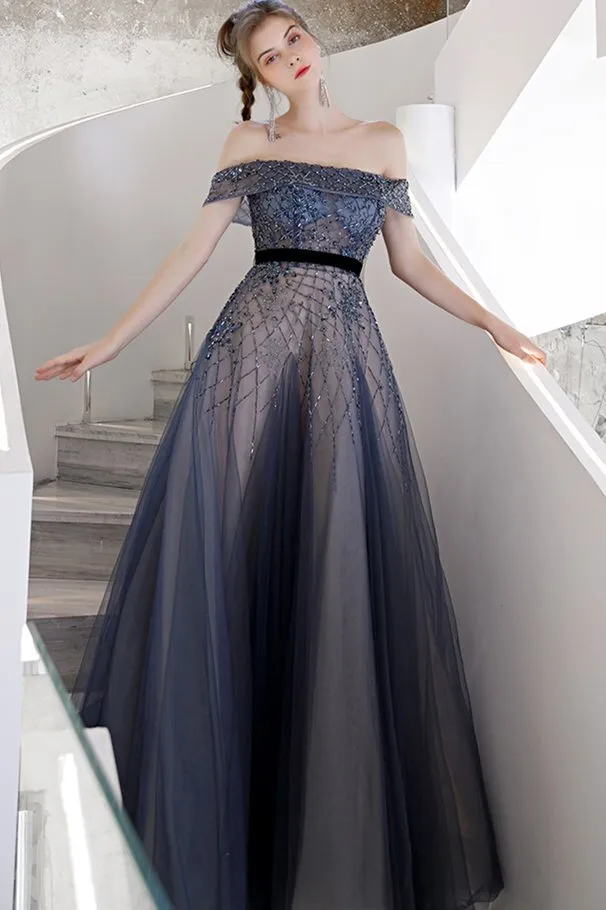 Off the Shoulder Beaded Blue Long Formal Dress