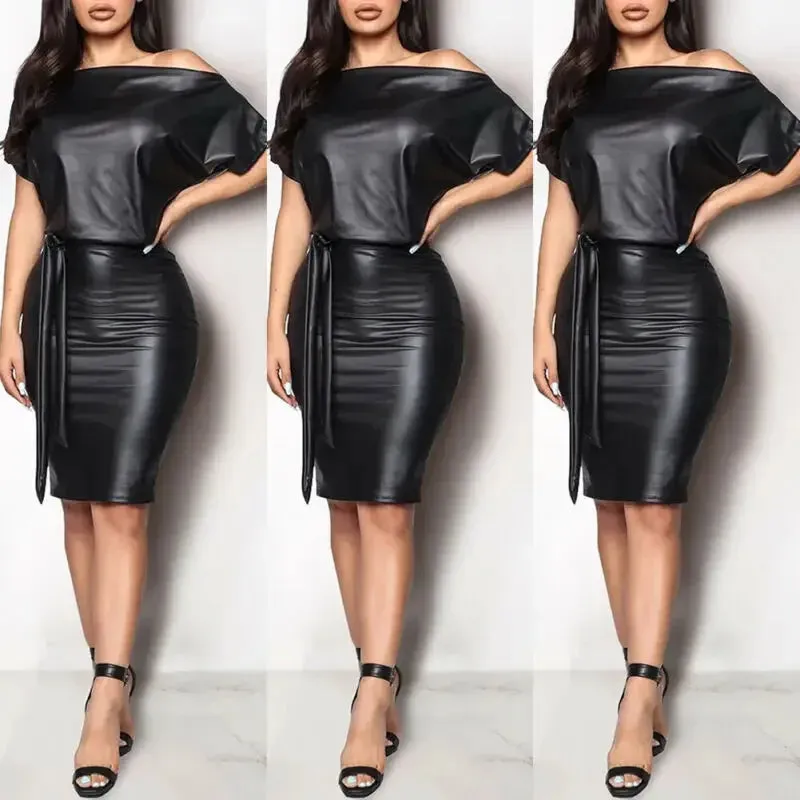 Off-the-shoulder dress made of faux leather