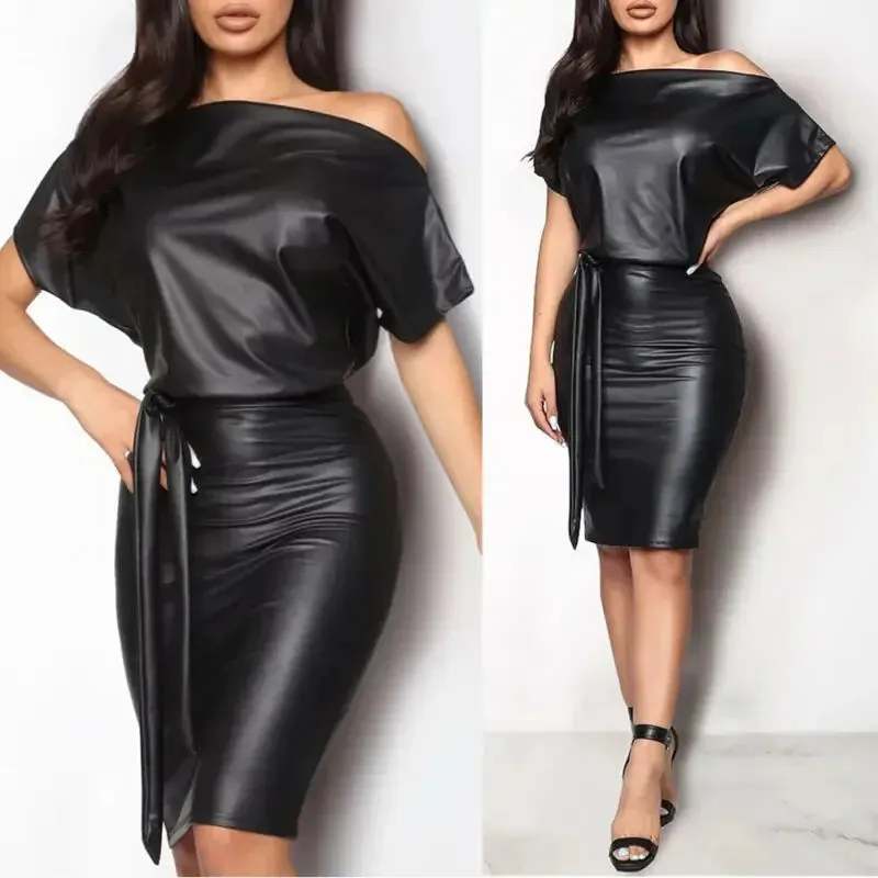Off-the-shoulder dress made of faux leather
