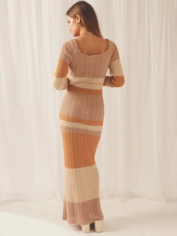 Off-the-Shoulder Knitted Maxi Dress with Striped Pattern