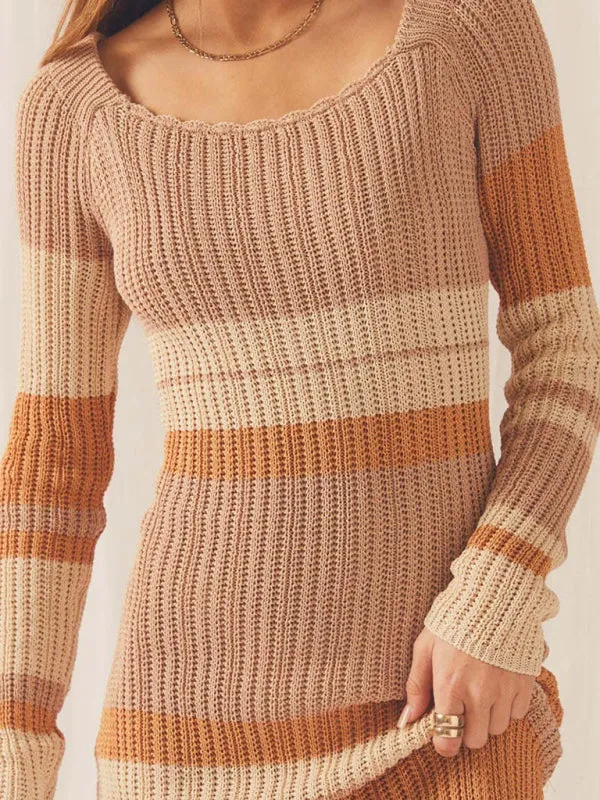 Off-the-Shoulder Knitted Maxi Dress with Striped Pattern