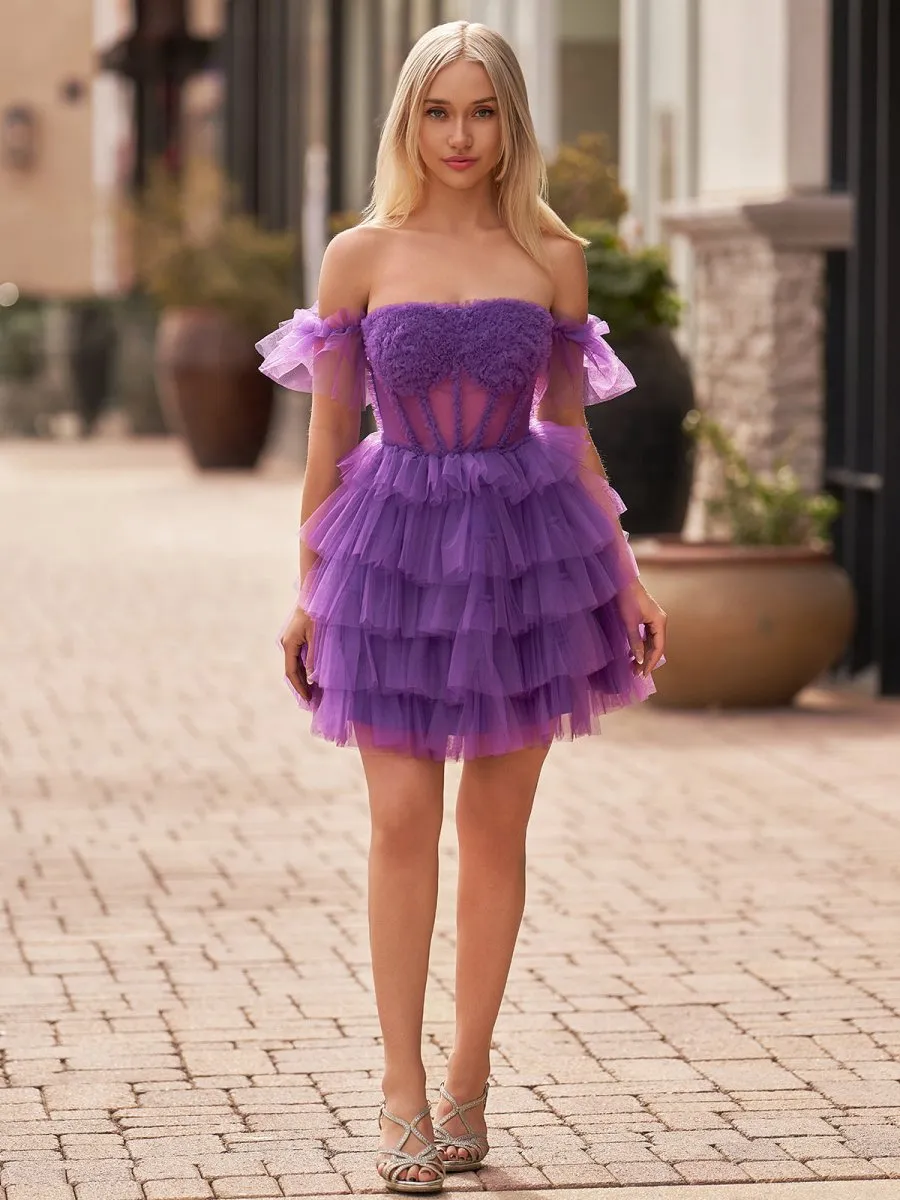 Off-the-Shoulder Lace-Up Ruffle Tie Homecoming Dresses