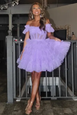 Off-the-Shoulder Lace-Up Ruffle Tie Homecoming Dresses