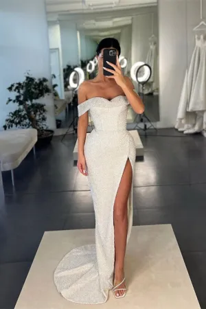 Off-the-Shoulder Mermaid Sequins Prom Dress With Split in White