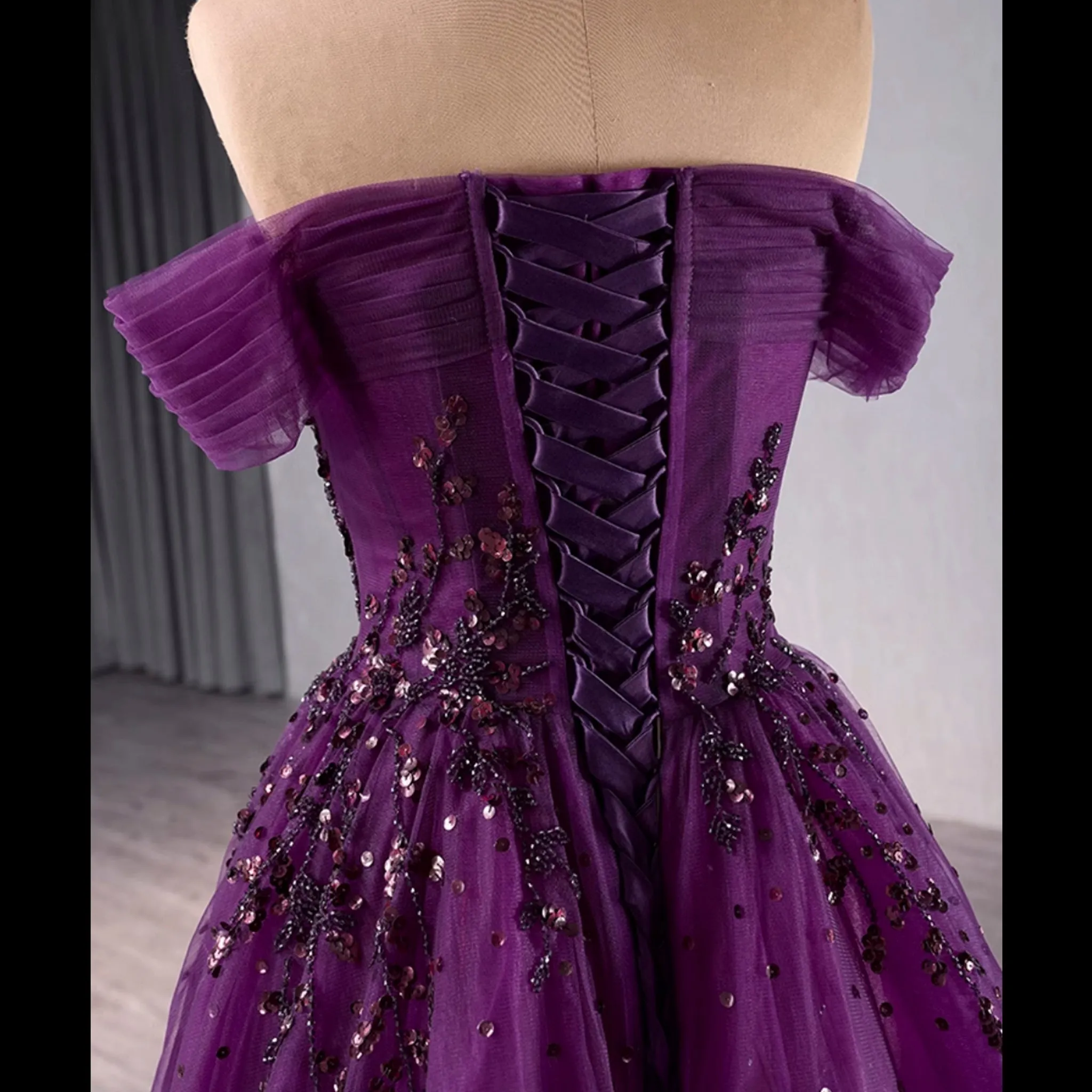 Off the Shoulder Purple A-line Tulle Prom Dress Evening Gown