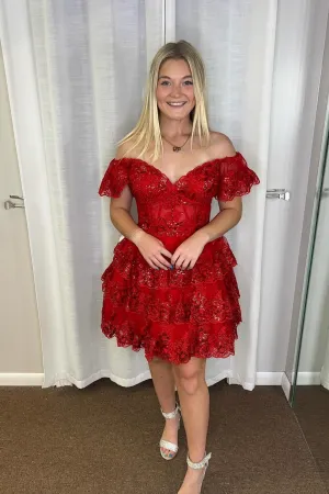 Off the Shoulder Red Appliques Tiered Ruffle Dress
