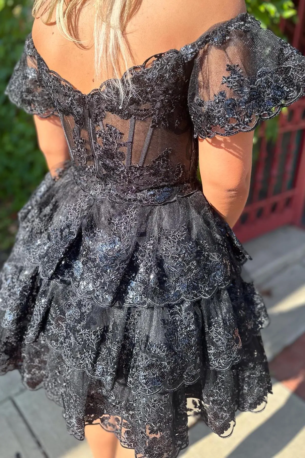 Off the Shoulder Red Appliques Tiered Ruffle Dress