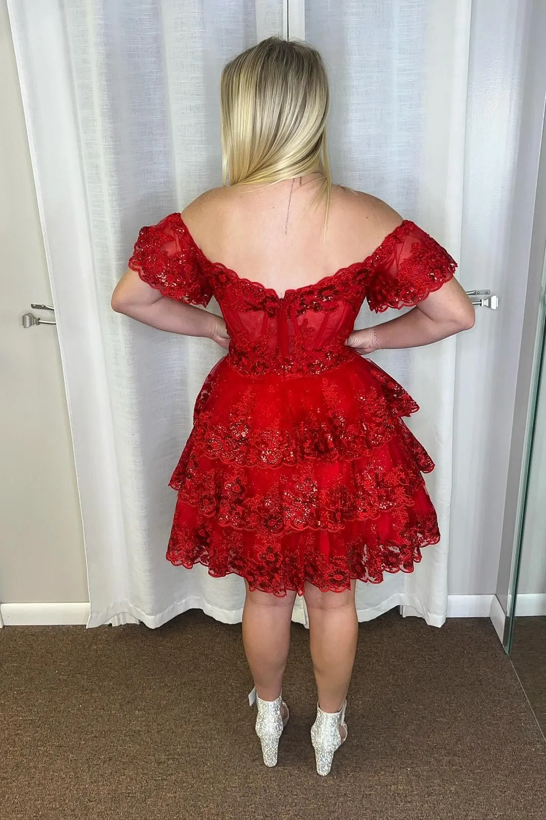 Off the Shoulder Red Appliques Tiered Ruffle Dress