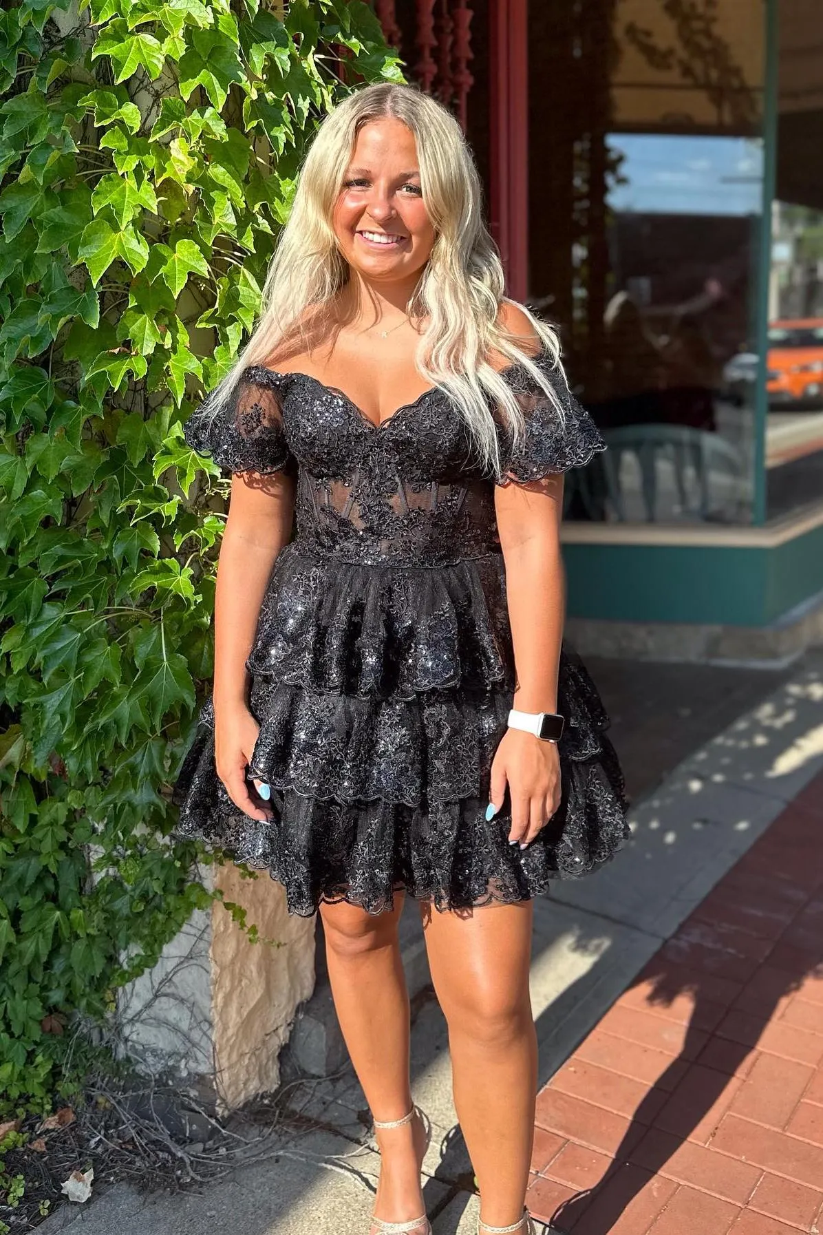 Off the Shoulder Red Appliques Tiered Ruffle Dress