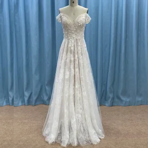Off the Shoulder Sheath Lace Tulle Wedding Dress with Vneck