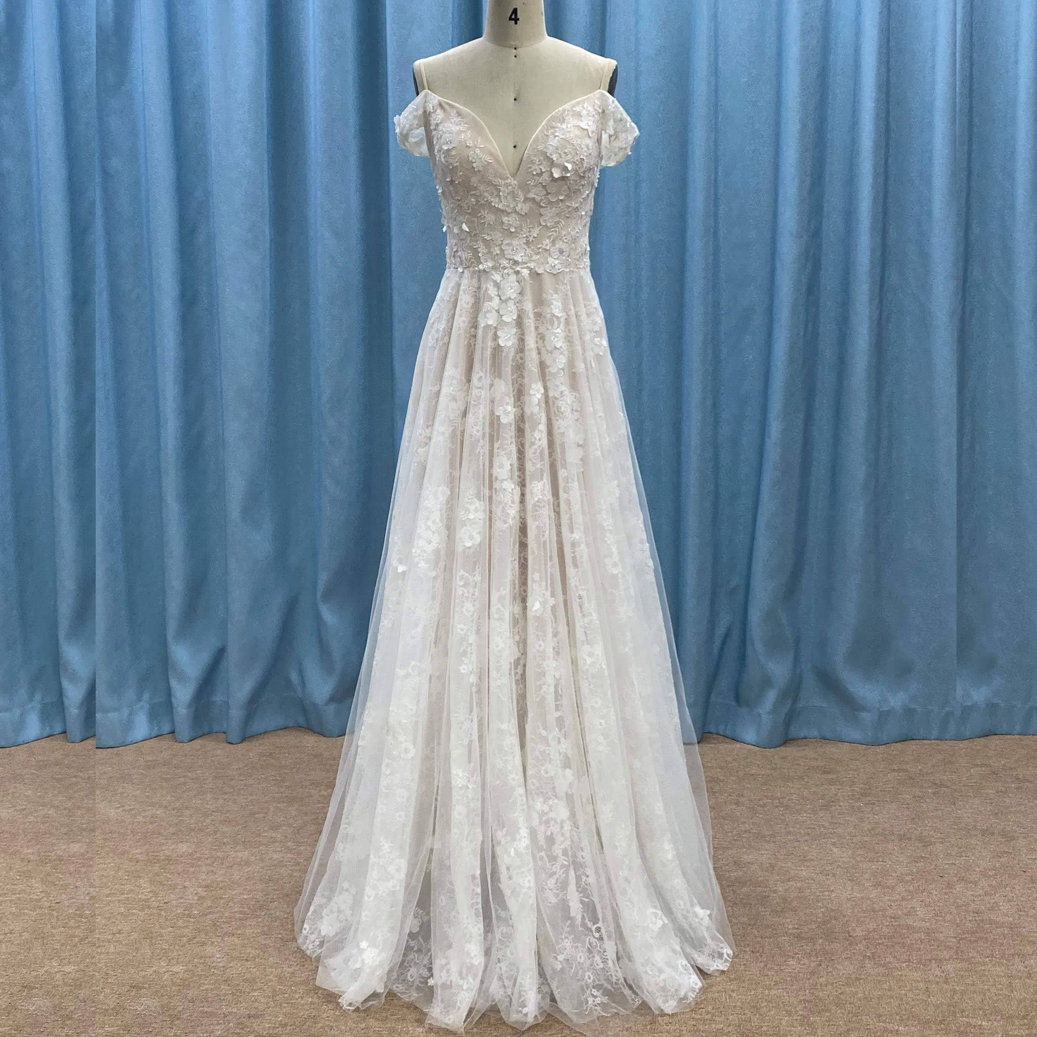 Off the Shoulder Sheath Lace Tulle Wedding Dress with Vneck