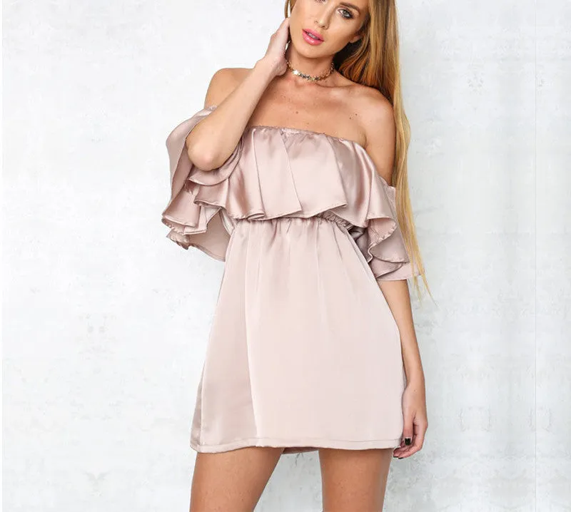 Off the Shoulder Slash Neck Ruffled Satin Party Dresses Ukraine Summer Women Club Mini Silky Slim Shape Princess Dress
